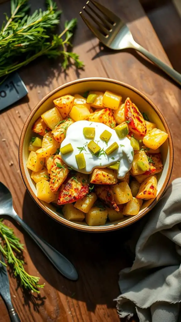 Crispy smashed potato salad with dill pickles and Greek yogurt