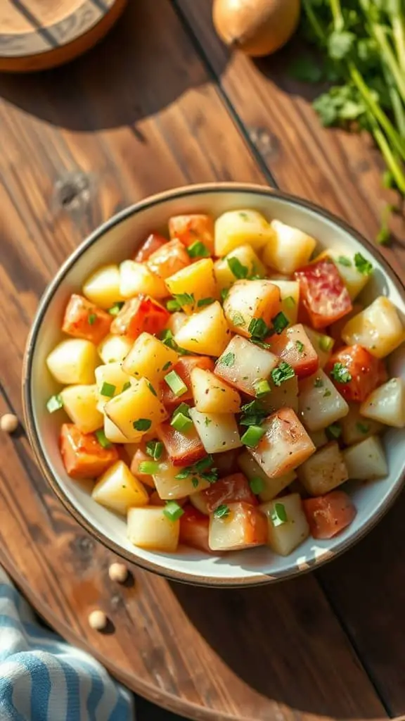 Bowl of tangy Russian potato salad with potatoes, celery, and green herbs