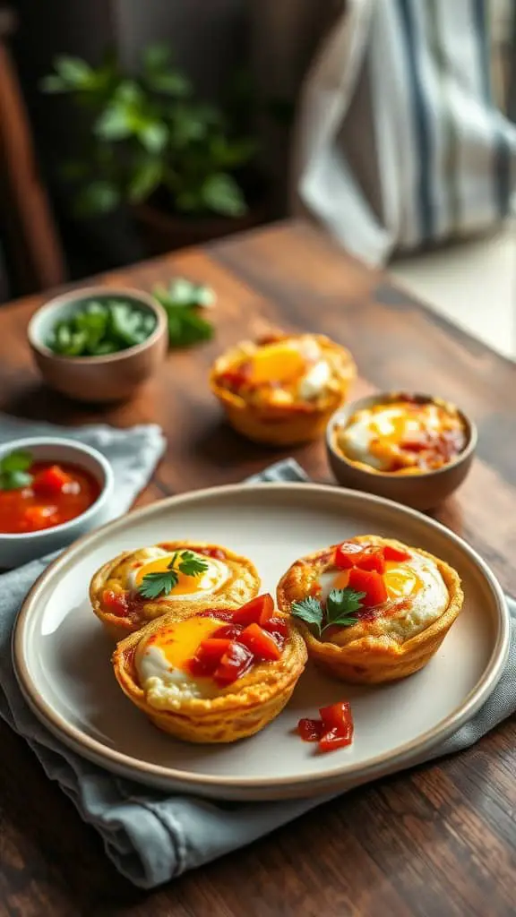 Tex-Mex Breakfast Egg Muffins stacked on a plate with salsa on the side