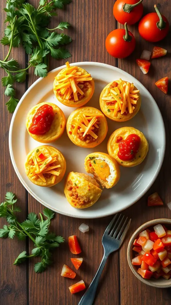 Plate of Tex-Mex mini egg muffins topped with salsa and shredded cheddar, garnished with fresh tomatoes and herbs.