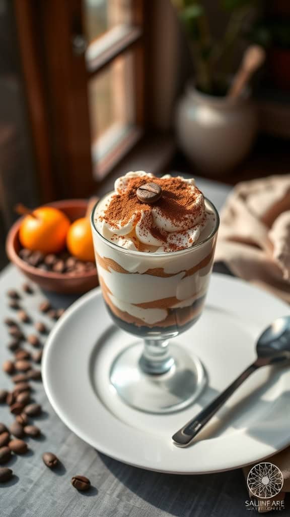 Tiramisu-inspired yogurt parfait with coffee yogurt, ladyfinger cookies, and cocoa powder