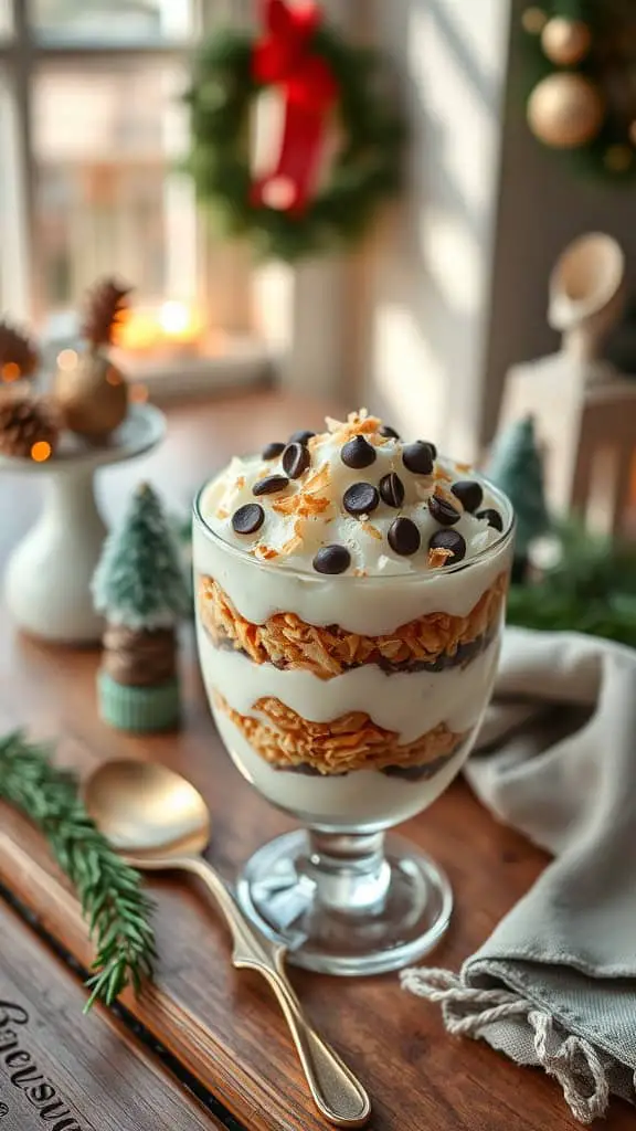 A delicious Toasted Coconut Parfait with layers of coconut yogurt, toasted coconut, and chocolate chips served in a glass.