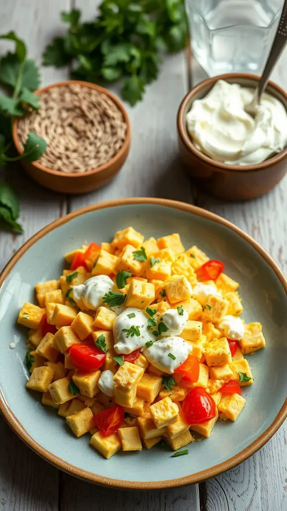 A plate of tofu scrambled eggs with vegetables and cottage cheese, garnished with parsley.