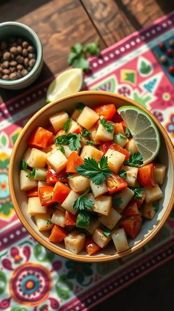 A bowl of Tomato and Cucumber Mexican Potato Salad with diced potatoes, tomatoes, and cucumber topped with cilantro.