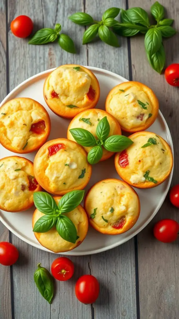 Tomato Basil Egg White Muffins on a plate with fresh basil and cherry tomatoes