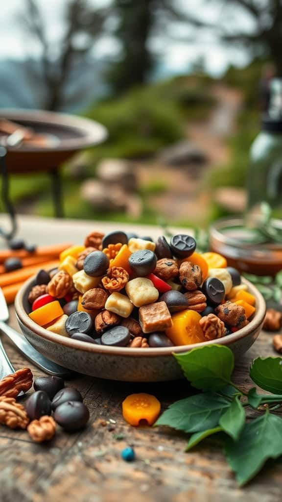 A bowl of colorful trail mix containing nuts, dried fruits, and dark chocolate chips.