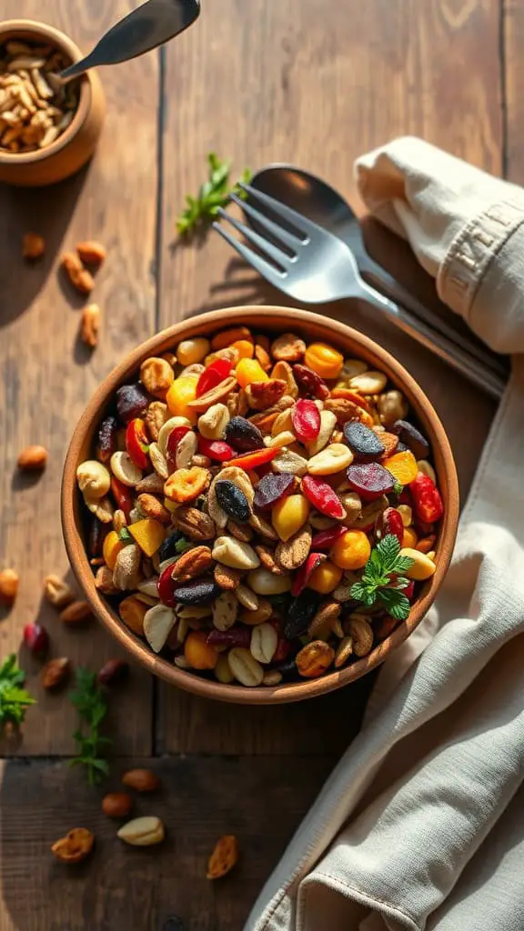 A bowl of colorful trail mix with nuts and seeds