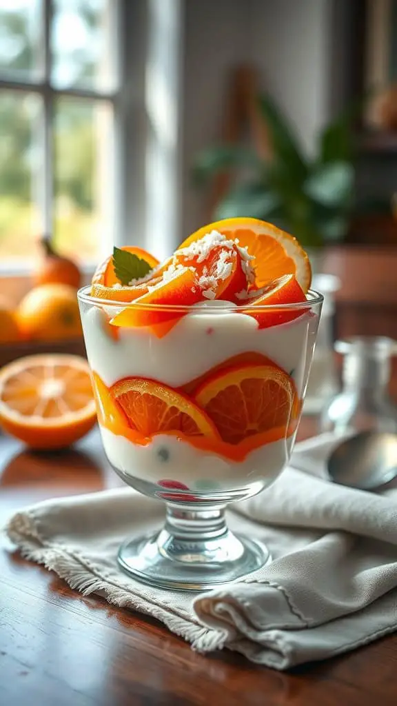 A colorful and refreshing tropical citrus parfait breakfast featuring layers of orange yogurt, mandarin slices, and shredded coconut, garnished with mint leaves.