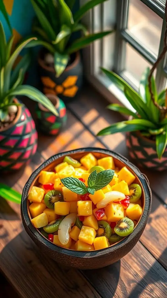 A vibrant tropical fruit salad featuring diced pineapple, mango, and kiwi garnished with mint leaves.