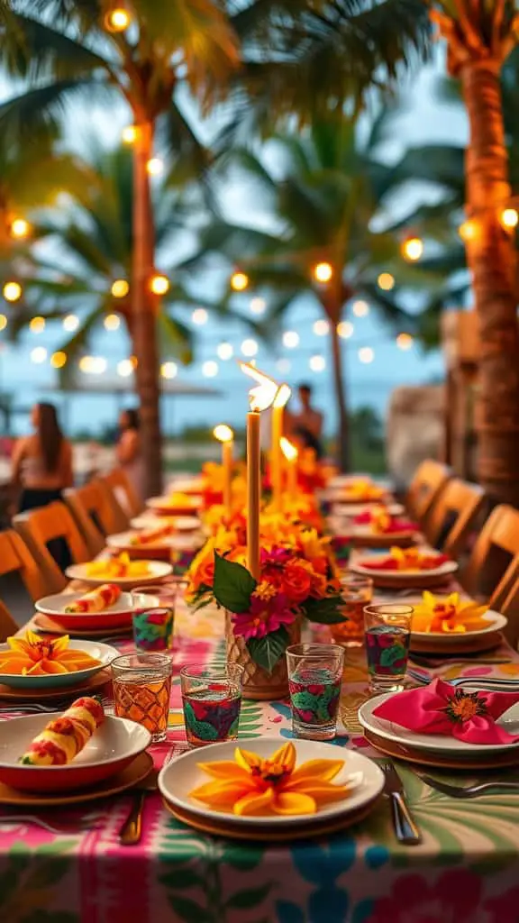 A beautifully decorated dinner table for a tropical luau party with vibrant flowers, colorful plates, and palm trees in the background.