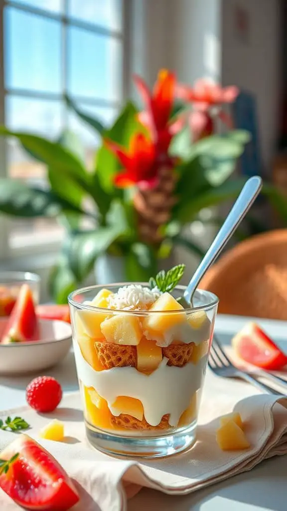 A tropical parfait with layers of vanilla yogurt, pineapple chunks, and shredded coconut.