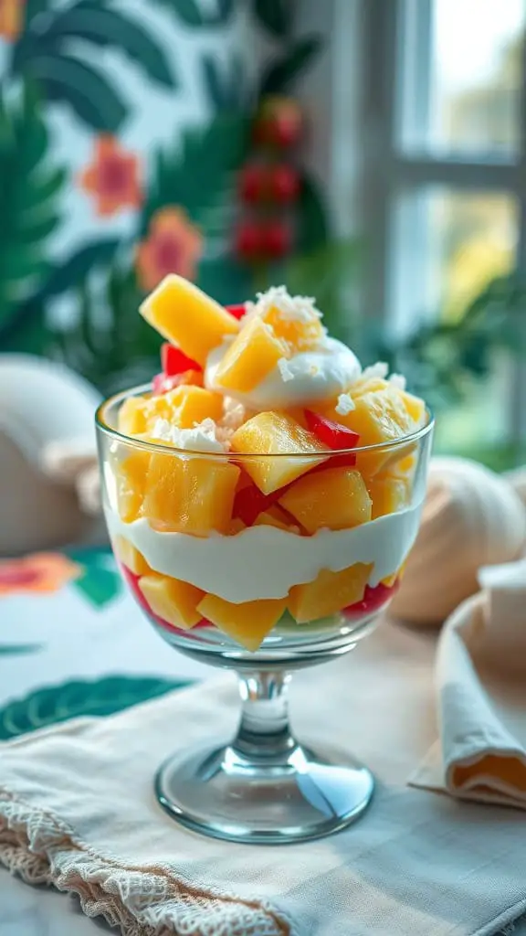 Tropical Paradise Parfait with vanilla yogurt, pineapple chunks, and shredded coconut in a glass.