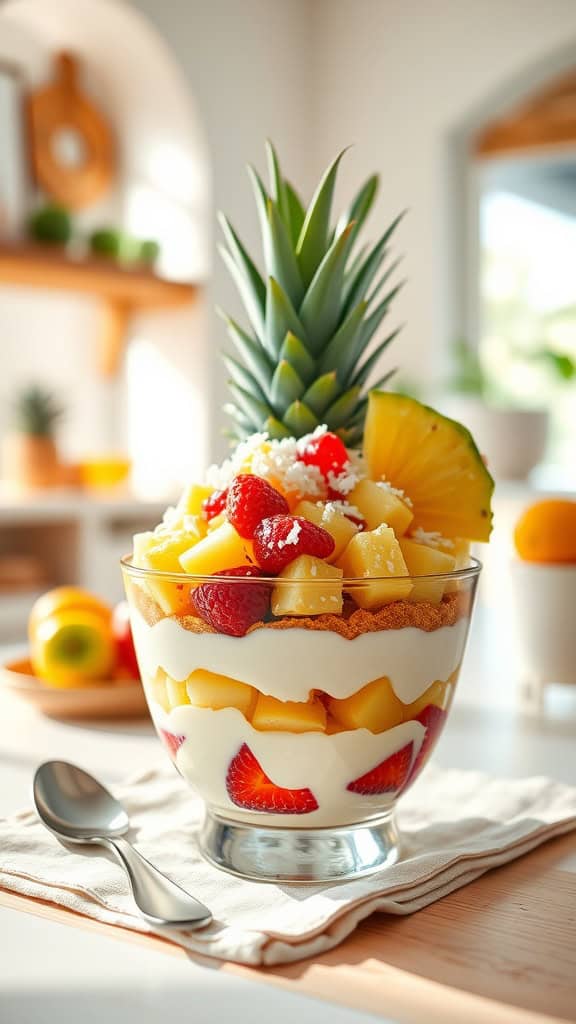 Tropical parfait with vanilla yogurt, pineapple chunks, and shredded coconut