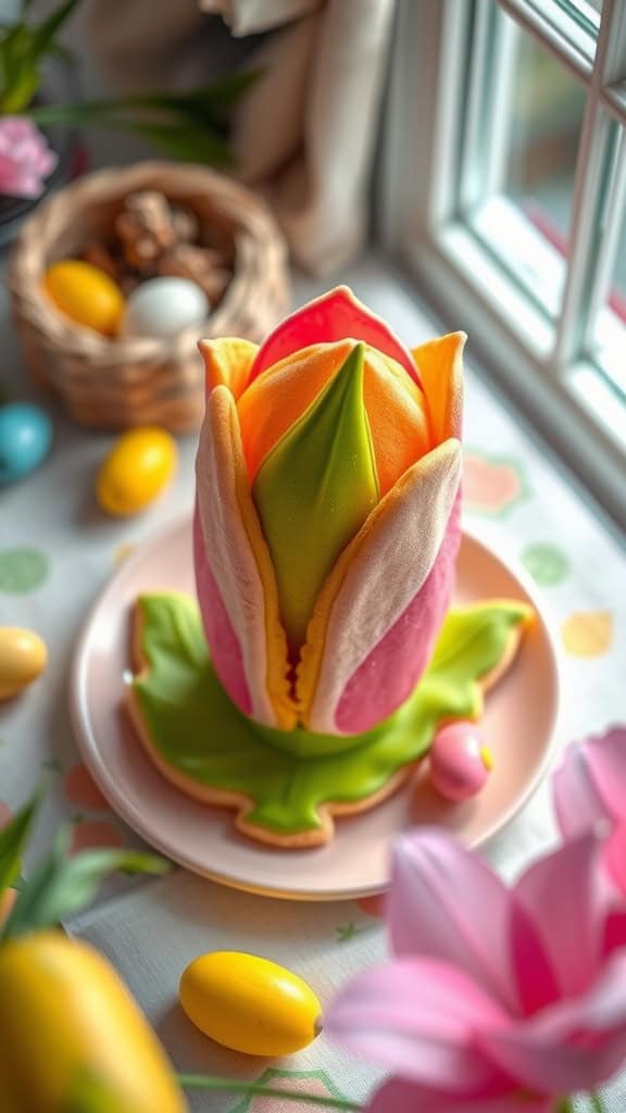 Tulip-shaped cookie cake with pink and yellow icing and green stems.