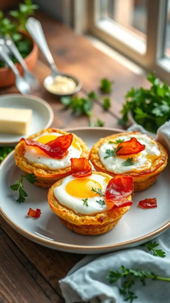 Turkey bacon breakfast egg muffins with mozzarella and vegetables