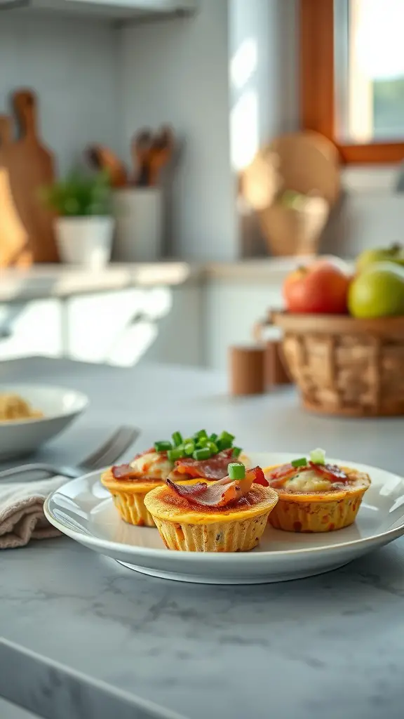 Plate of Turkey Bacon Egg White Muffins topped with green onions