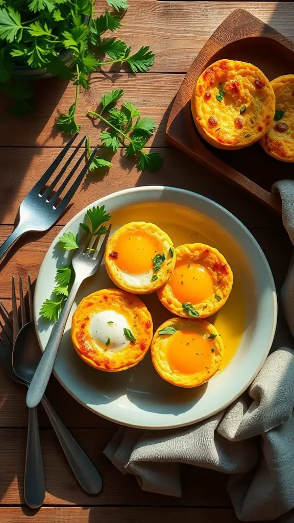 Turkey sausage egg muffin cups on a plate garnished with herbs