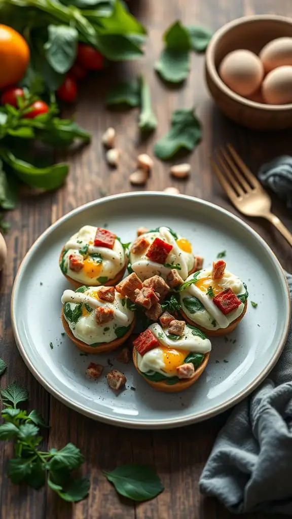 A plate of turkey sausage egg white bites with spinach, garnished and ready to eat.