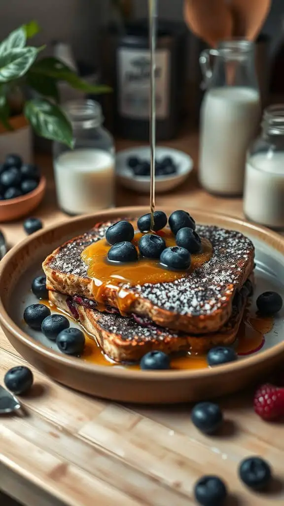 A delicious vegan blueberry french toast bake served with blueberries and maple syrup.