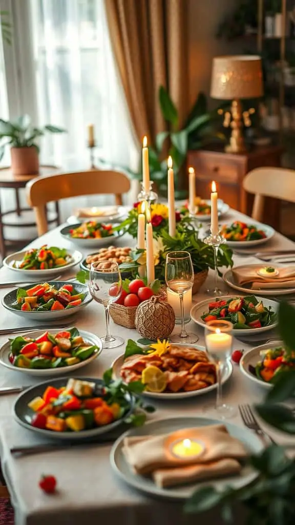 A beautifully set dinner table featuring a variety of colorful vegan dishes, with salads and centerpiece candles creating a warm atmosphere.