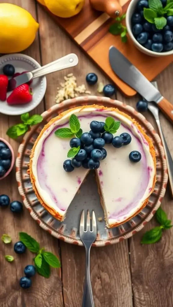 Vegan No Bake Blueberry Cheesecake with blueberries and mint leaves