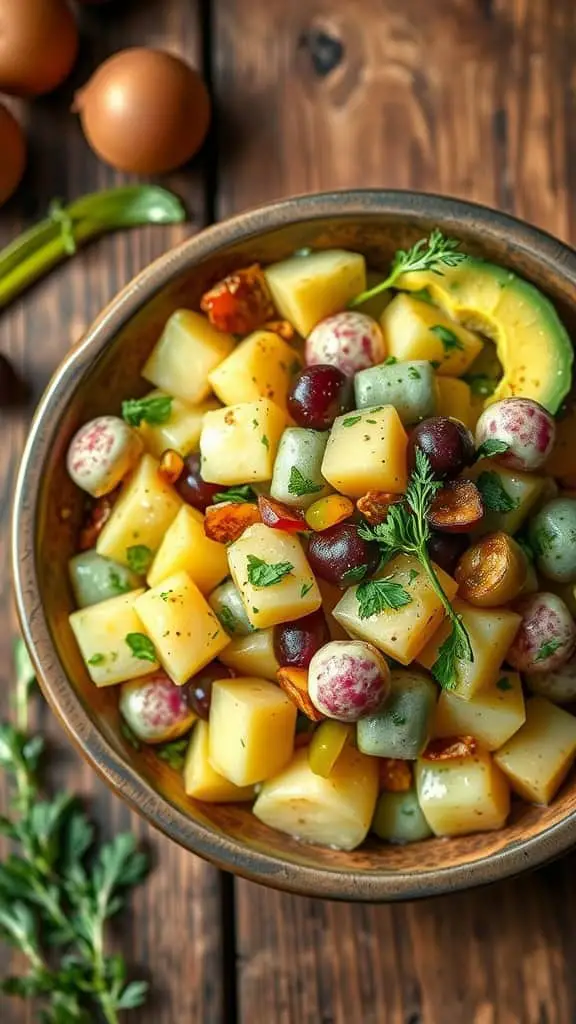 A colorful bowl of vegan potato salad featuring diced potatoes, avocado, and pickles.