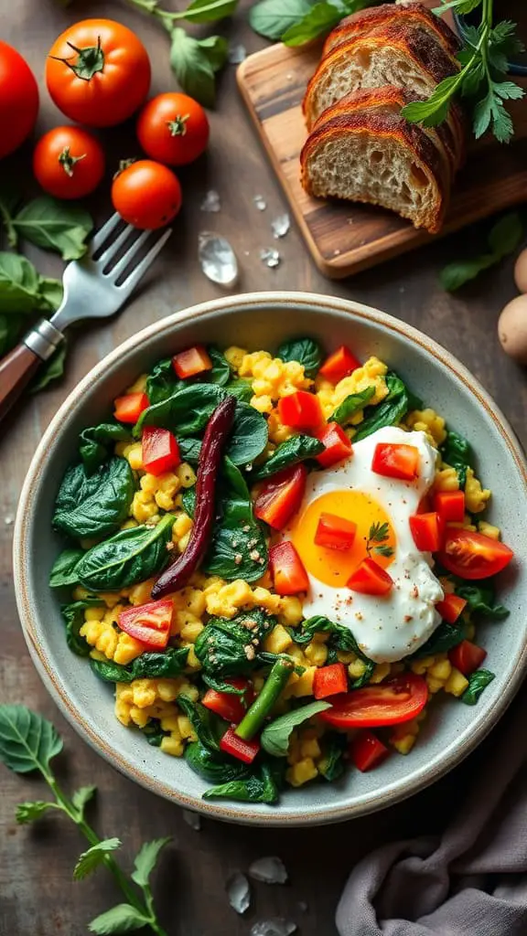 A bowl of vegetable scrambled eggs with spinach, tomatoes, and bell peppers, topped with a poached egg.