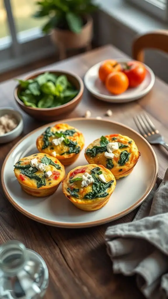 Vegetarian breakfast egg muffins with spinach and feta cheese on a plate.