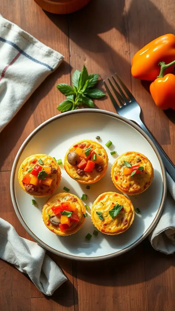 Veggie-packed sausage egg muffin cups with diced veggies on a plate.