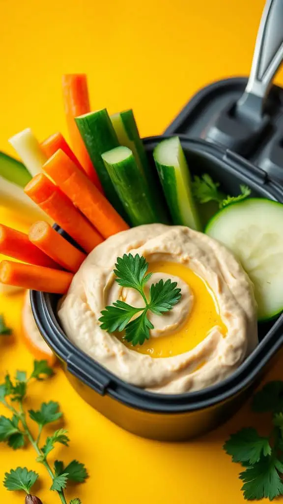 Veggie sticks including carrots and cucumbers with a bowl of hummus