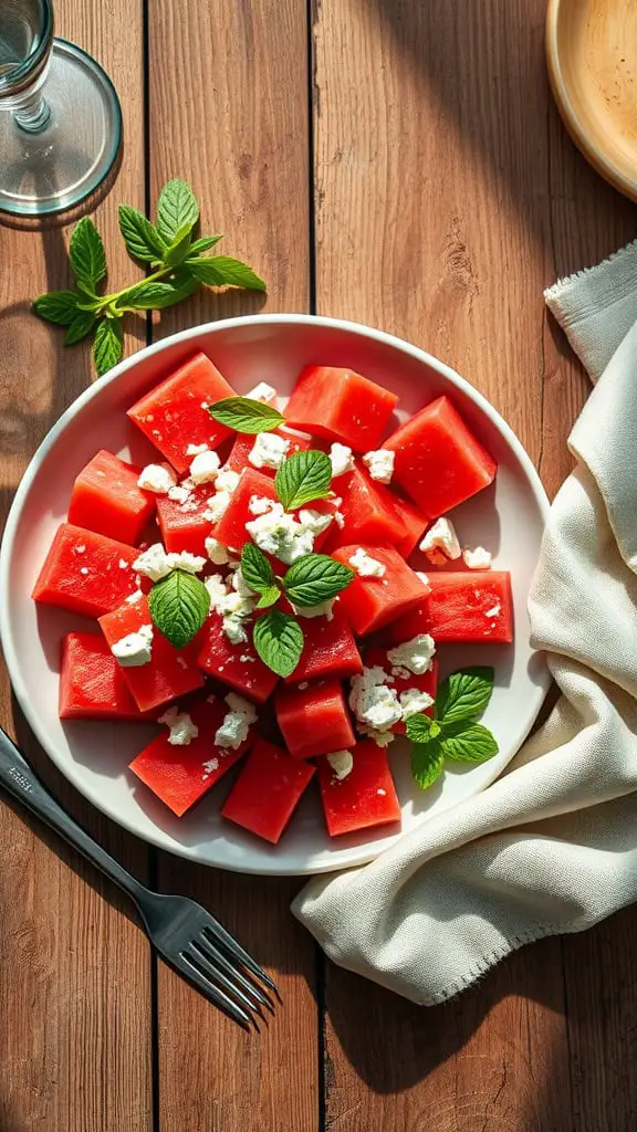 A plate of watermelon cubes topped with feta cheese and mint leaves