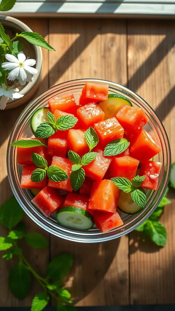 A refreshing watermelon and cucumber salad with mint leaves