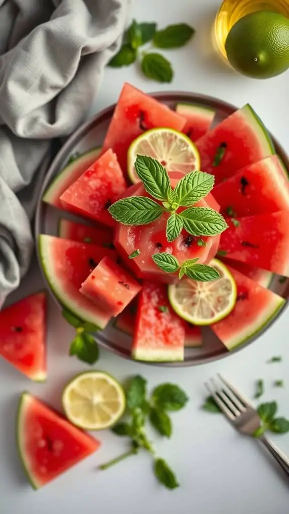 Refreshing watermelon pops with lime juice and mint leaves