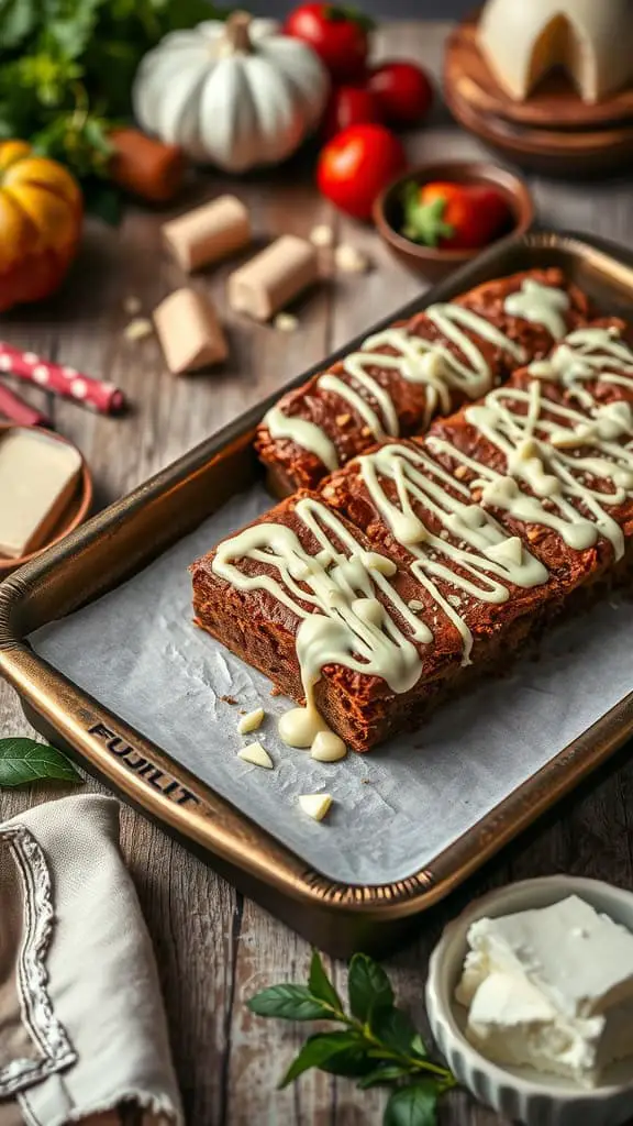 Delicious white chocolate cream cheese brownies drizzled with white chocolate