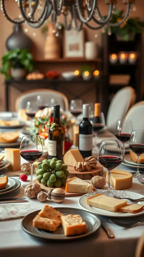 A beautifully set dinner table with wines and an assortment of cheeses, creating an inviting atmosphere for a wine and cheese pairing dinner party.