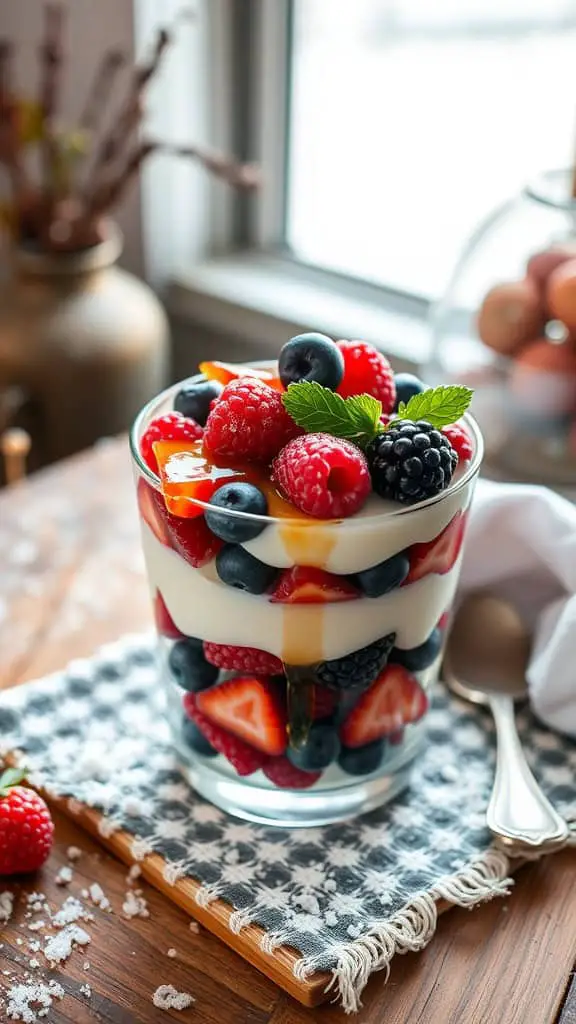 A delicious winter berry parfait with yogurt and honey