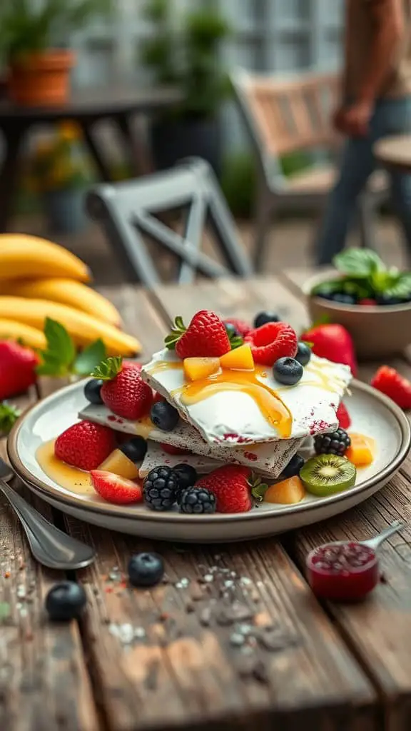 A delicious plate of yogurt bark topped with mixed berries and honey.