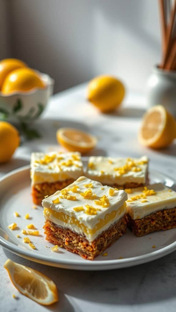 Zesty lemon cream cheese brownies on a plate, with lemon slices and zest sprinkled on top.