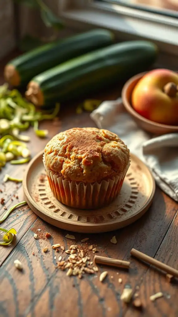 Delicious Zucchini Apple Muffins on a wooden plate, surrounded by fresh zucchini and apples.