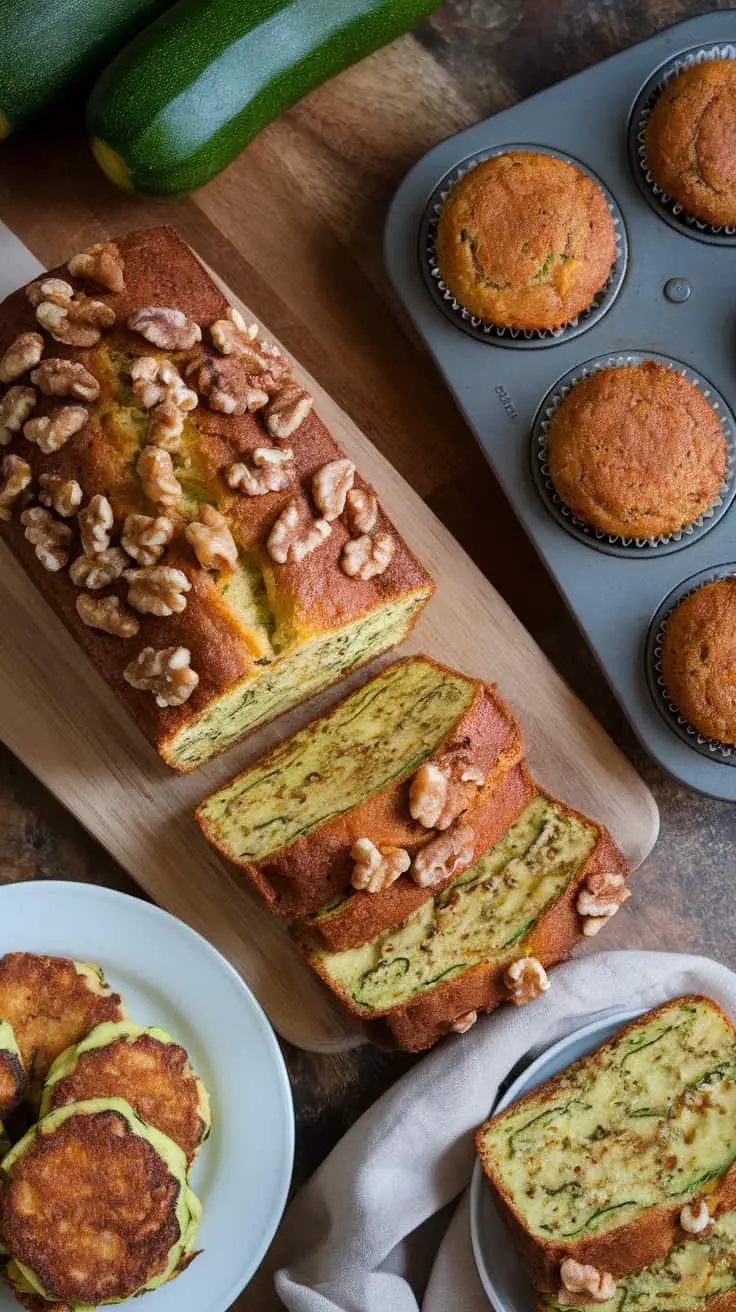 An overhead shot of a beautifully arranged zucchini loaf topped with walnuts, zucchini fritters, and fresh zucchinis on a wooden table.