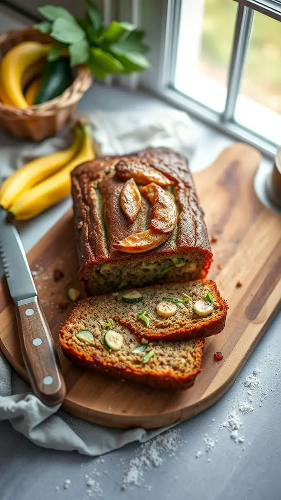 Zucchini banana bread on a wooden cutting board with banana and zucchini in the background.