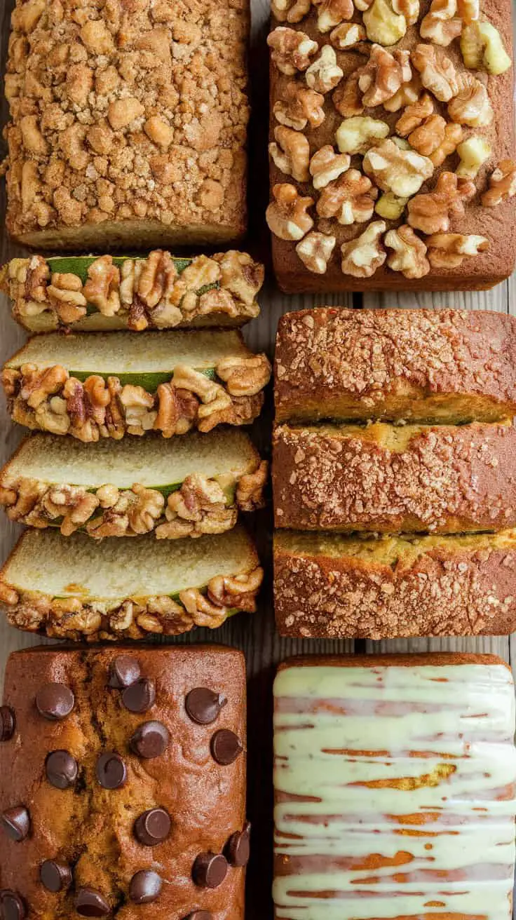 An assortment of zucchini bread loaves topped with nuts and chocolate chips arranged on a wooden table.