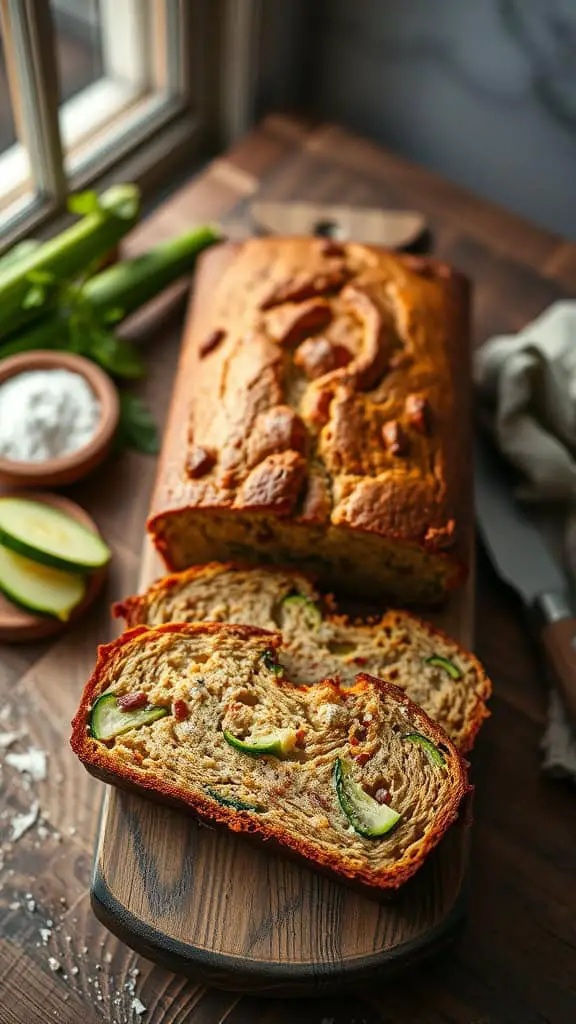 A loaf of freshly baked zucchini bread with slices cut, showcasing its moist texture and green zucchini pieces.