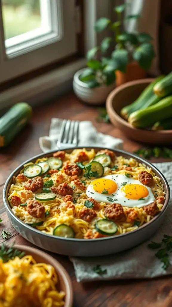 A delicious zucchini breakfast casserole with shredded zucchini, eggs, and sausage, garnished with herbs.
