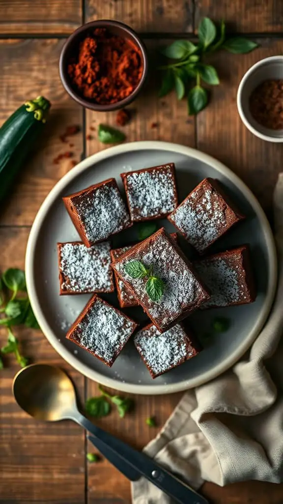 Deliciously rich Zucchini Brownies on a plate, dusted with powdered sugar and garnished with mint leaves.