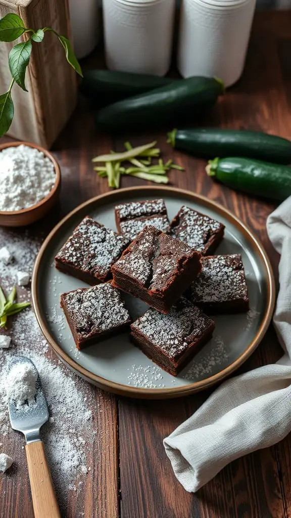 Delicious zucchini brownies dusted with powdered sugar, served on a wooden table.
