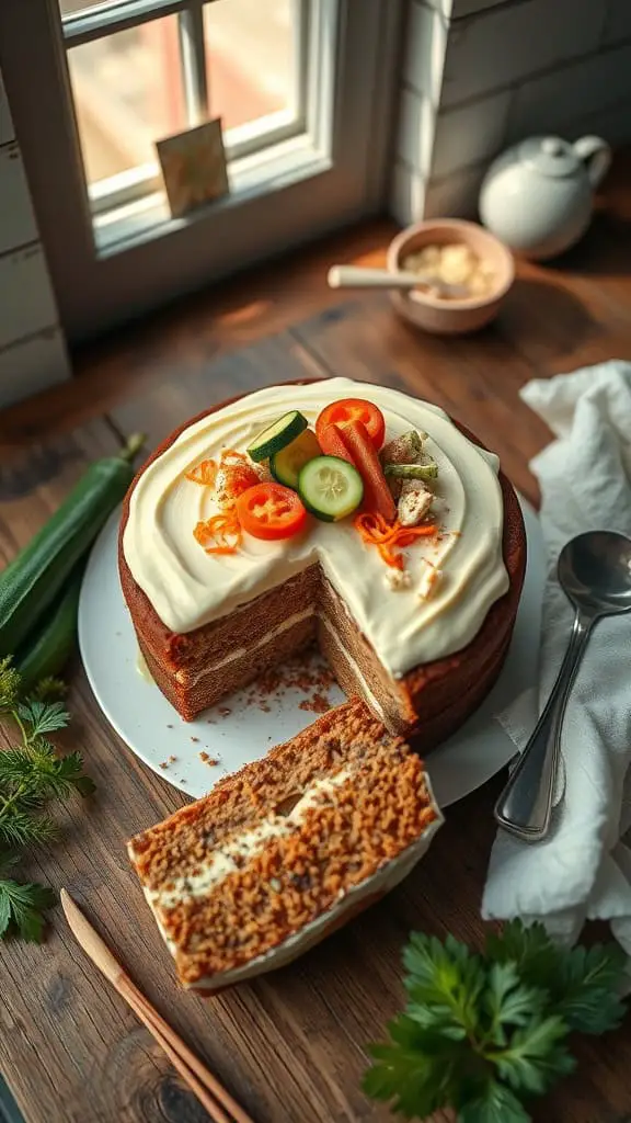 A beautifully decorated Zucchini Carrot Cake with cream cheese frosting and colorful vegetable garnishes.