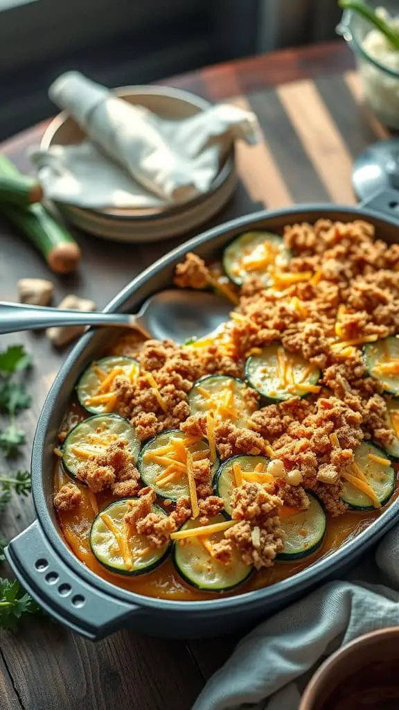 Zucchini casserole with sliced zucchini, cheddar cheese, and breadcrumbs baked until golden.