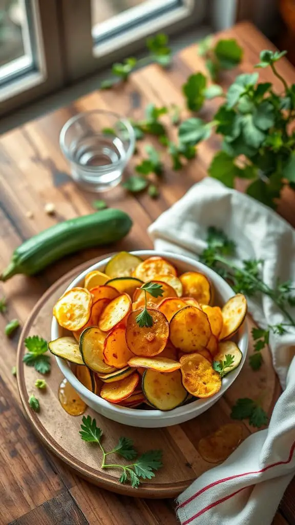 A bowl of crispy zucchini chips seasoned with olive oil and salt.