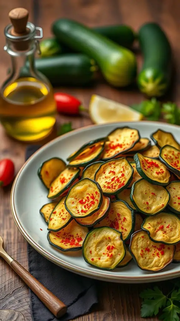 A plate of zucchini chips sprinkled with spices.